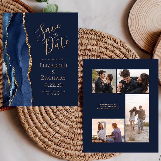 Carte de faire-part de mariage Navy Or Agate 4-Pho