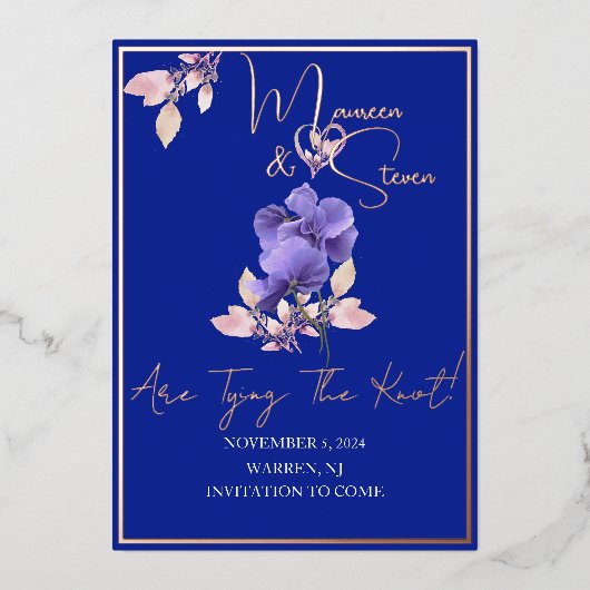 Carte de faire-part de mariage Royal Blue avec fle (Recto)