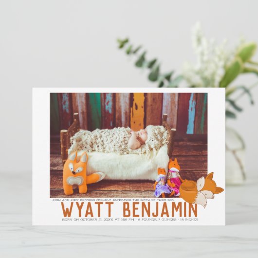 Carte de Faire-part de naissance à thème Fox (Debout devant)