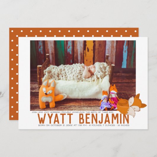 Carte de Faire-part de naissance à thème Fox (Devant / Derrière)
