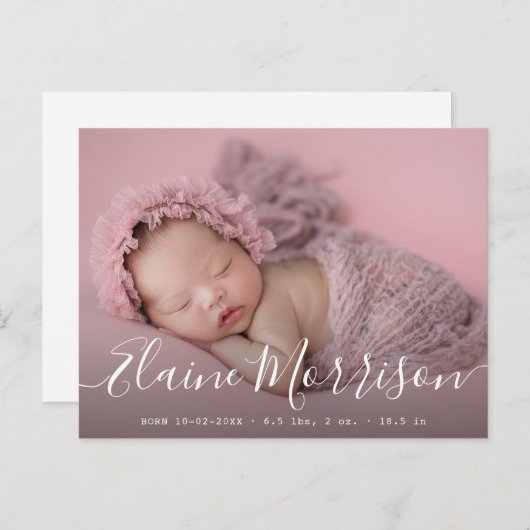 carte de faire-part de naissance de bébé à script  (Devant / Derrière)