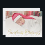 carte de faire-part de naissance de noël béni<br><div class="desc">carte de faire-part de naissance de vacances avec faux script de feuille d'or lettrage et image bébé mignonne,  le texte et les couleurs peuvent être personnalisés.</div>
