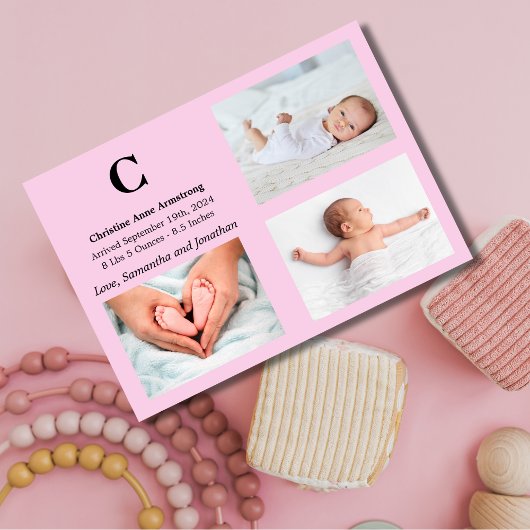 Carte de Faire-part de naissance Monogramme rose b