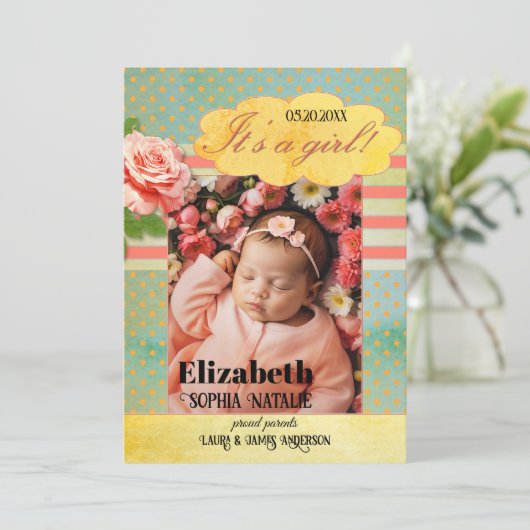 Carte de Faire-part de naissance pour fille de béb (Debout devant)