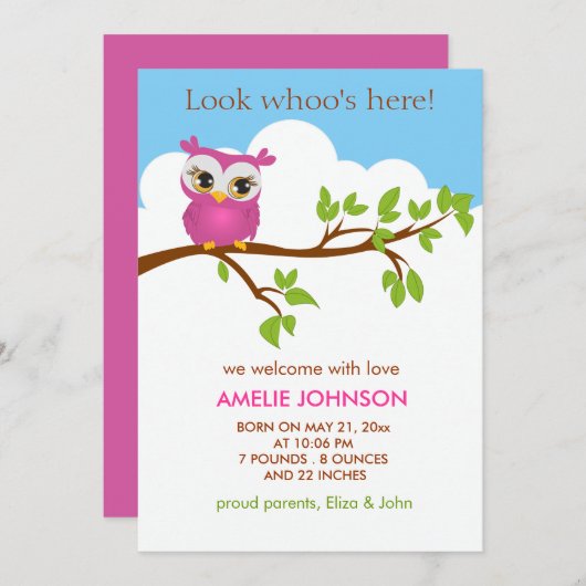 Carte de Faire-part de naissance pour fille de cho (Devant / Derrière)