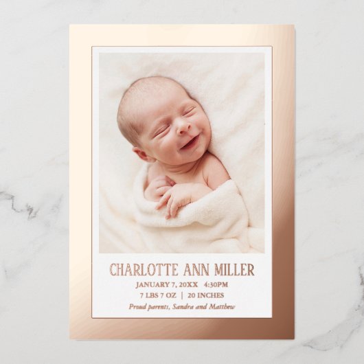Carte de Faire-part de naissance rose Gold encadré (Recto)