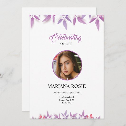 Carte de Faire-part funéraire florale (Devant / Derrière)