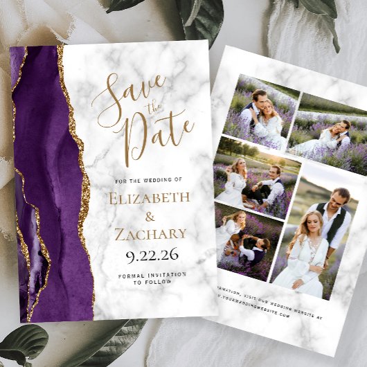 Carte de Faire-Part Mariage Agate Violet Or Marbre