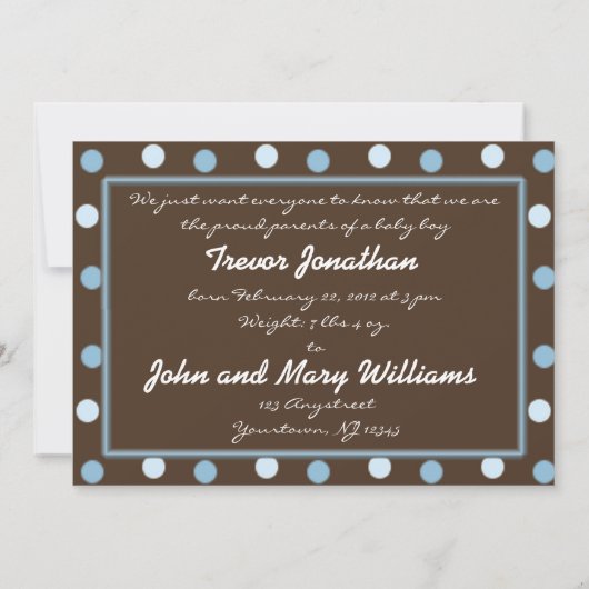 Carte de Faire-part pour bébé bleu Brown (Dos)