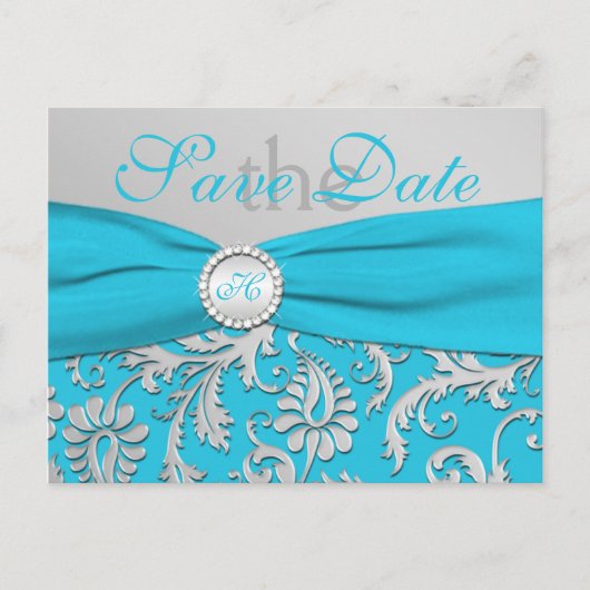 Carte de faire-part turquoise et argent à monogram (Devant)