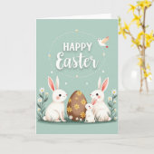 Carte de famille de lapin de Pâques heureuse (Fleur jaune)