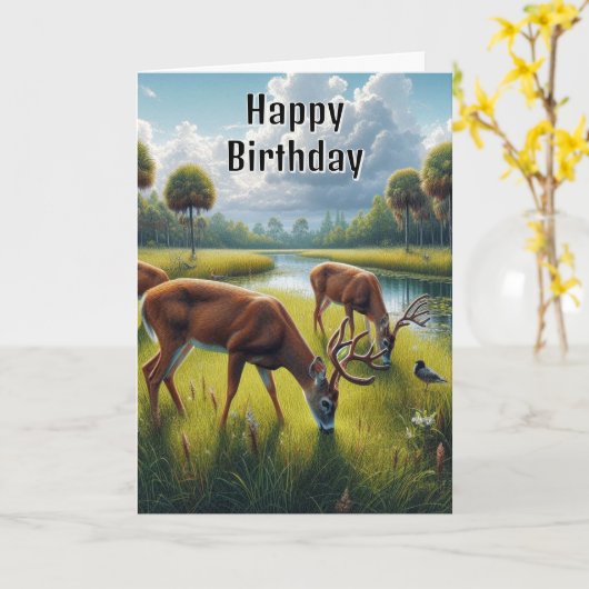 Carte de faune de cerfs d'anniversaire joyeuse (Fleur jaune)