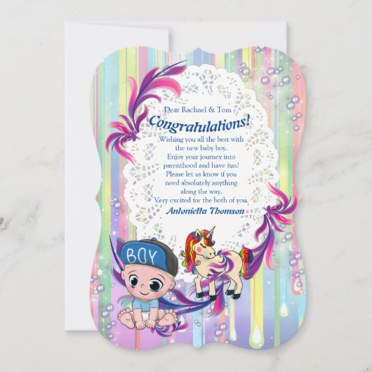 Carte de félicitations Baby Boy Bubbles & Unicorns (Devant)