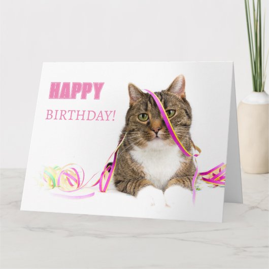 Carte de félicitations chat avec des serpentins (Devant)