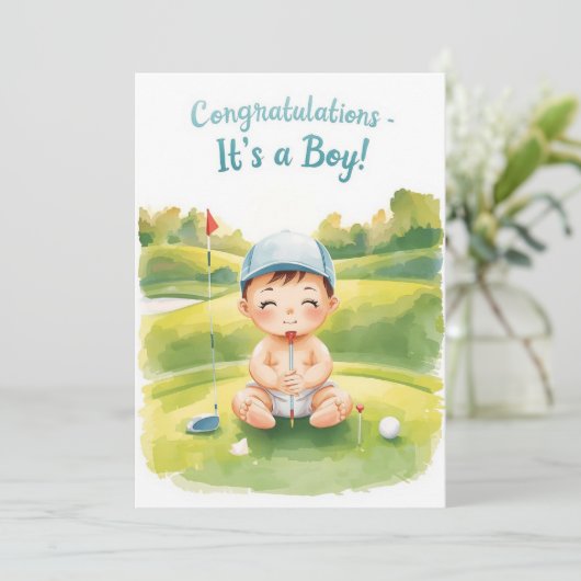 Carte de Félicitations Golf C'est un Garçon | Bébé (Debout devant)
