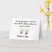 carte de félicitations pour bébés jumeaux, prénoms (Fleur jaune)