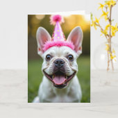 Carte de fête avec un chien souriant (Fleur jaune)
