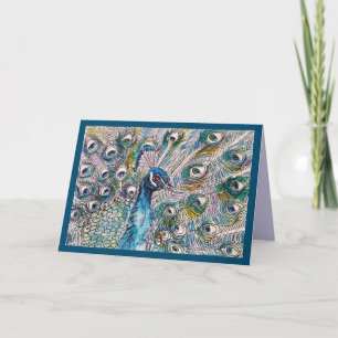 Carte de fête d'anniversaire au paon bleu aquarell