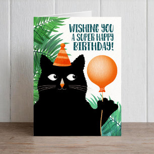Carte de fête d'anniversaire avec chat noir et bal