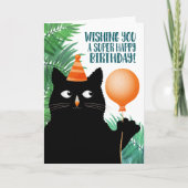 Carte de fête d'anniversaire avec chat noir et bal (Devant)