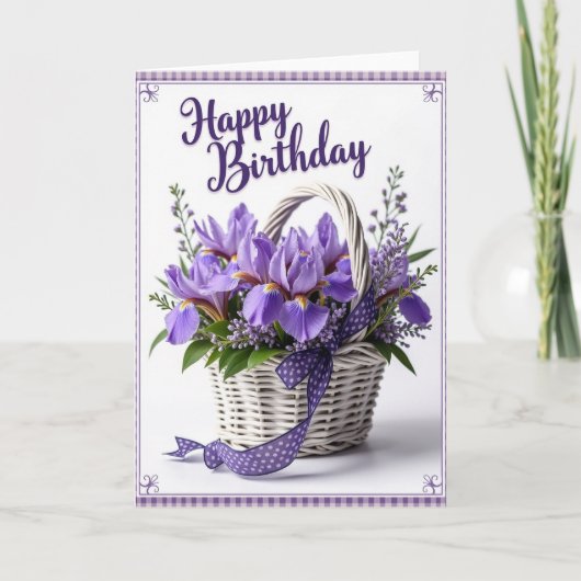 Carte de Fête d'Anniversaire avec Panier de Fleurs (Devant)