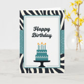 Carte de fête d'anniversaire Gâteau sarcelle rayé (Fleur jaune)