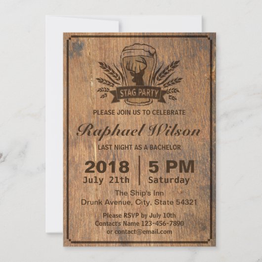 Carte de fête de bachelor avec bois rétro, bière e (Devant)
