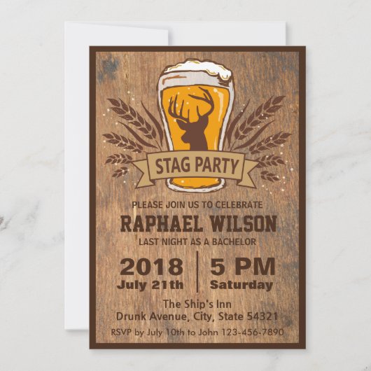 Carte de fête de bachelor avec boisson & cerf (Devant)