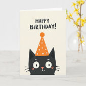 Carte de fête de chat noir joyeuse (Fleur jaune)