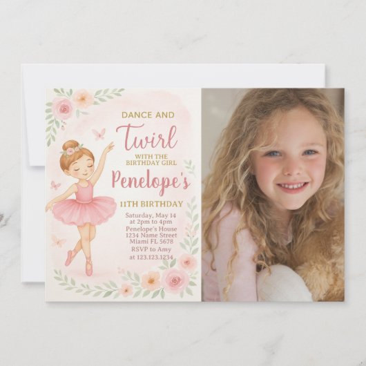 Carte de fête de danse rose éditable pour petites  (Devant)