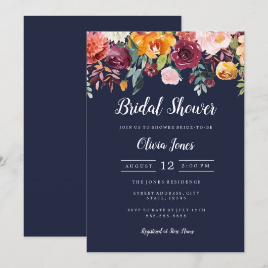 Carte de Fête des mariées florale de la marine d'a (Devant / Derrière)