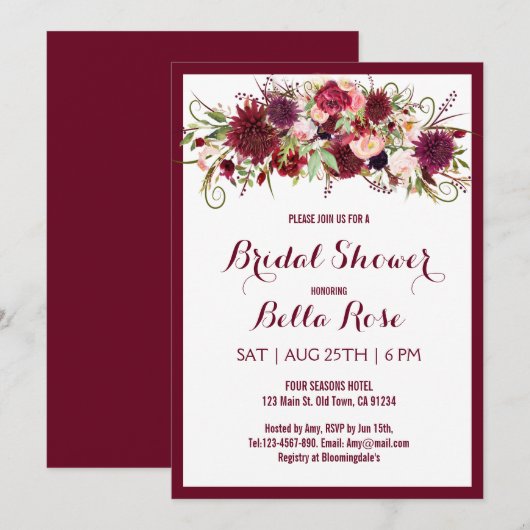 Carte de Fête des mariées Florale Marsala Rouge Bo (Devant / Derrière)