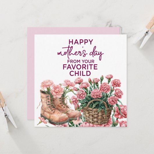Carte de fête des mères avec oeillet rose (Devant/Arrière en situation)