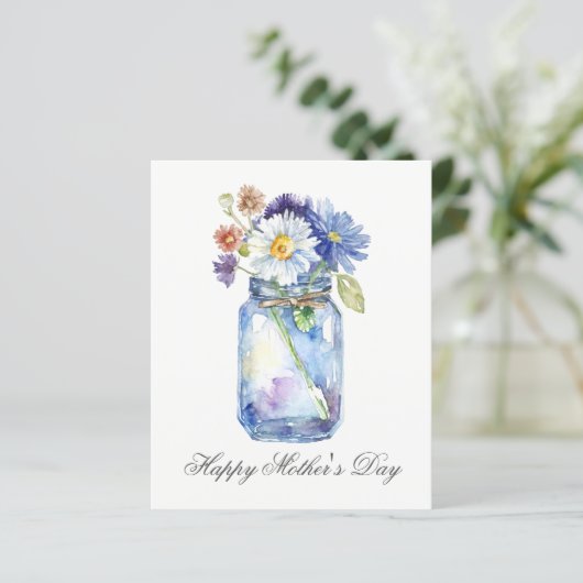 Carte de fête des mères avec pot à fleurs à l'aqua (Debout devant)