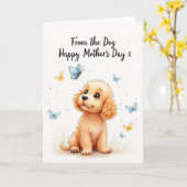 Carte de fête des mères avec un chiot mignon (Fleur jaune)