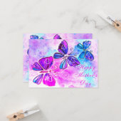 Carte de fête des mères Papillons rose pourpre vol (Devant/Arrière en situation)
