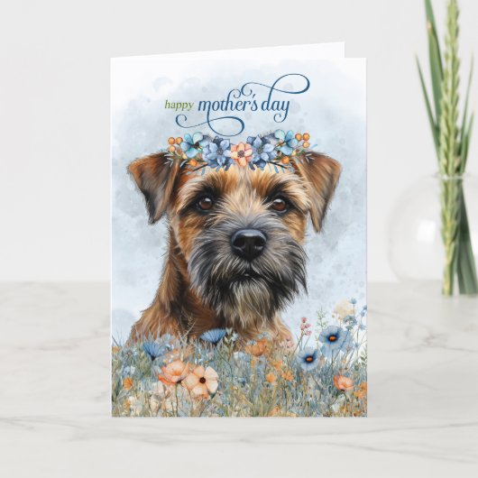 Carte de fête des mères Terrier de Border et fleur (Devant)