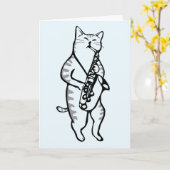 CARTE DE FÊTE DES PÈRES CHAT JOUANT DU SAXOPHONE (Fleur jaune)