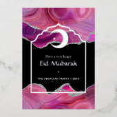 Carte de fête Eid Mubarak rose et argentée avec fe (Recto)