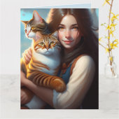CARTE DE FÊTE FILLE AU CHAT (Fleur jaune)