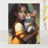 CARTE DE FÊTE FILLE AVEC CHAT CHATS ART (Fleur jaune)