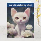 CARTE DE FETE MAMAN CHAT BLANC MIGNON (Fleur jaune)