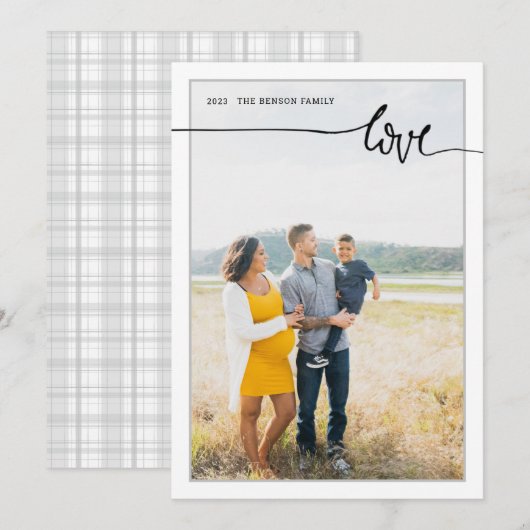 Carte de fêtes gris minimal script Plaid LOVE (Devant / Derrière)
