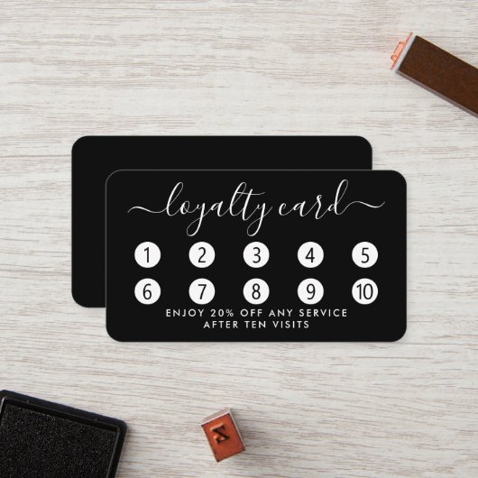 Carte de fidélité à script simple - noir et blanc (Devant/Arrière en situation)
