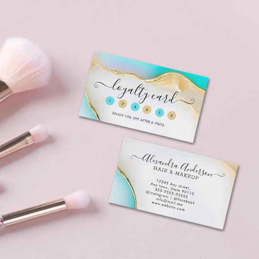 Carte De Fidélité Accents de luxe bleu et blanc or Agate Marbre