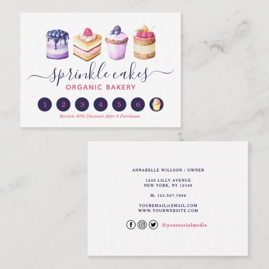Carte De Fidélité Aquarelle Gâteaux Et Douceurs À Couleur Douce (Devant / Derrière)