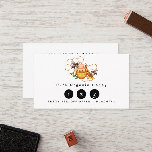 Carte De Fidélité Aquarelle moderne peignes de miel avec abeille (Devant/Arrière en situation)