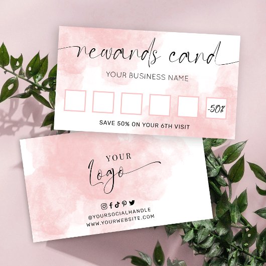 Carte De Fidélité Aquarelle rose pâle Élégant Script Logo Salon