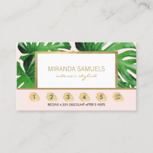 Carte De Fidélité Aquarelle Tropical Monstera Feuille Loyauté rose