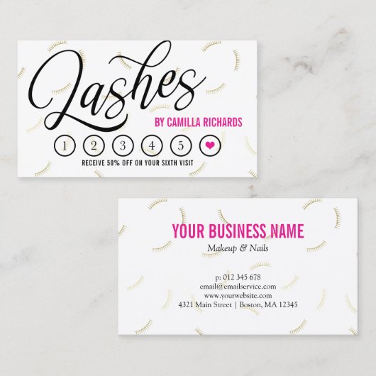 Carte De Fidélité Black Script & Gold Lashes Lashes Loyalty Puncard (Devant / Derrière)